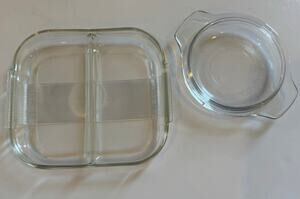 2 Vtg Glass Dishes 2 Compartment Serving Tray/Small Round Dish